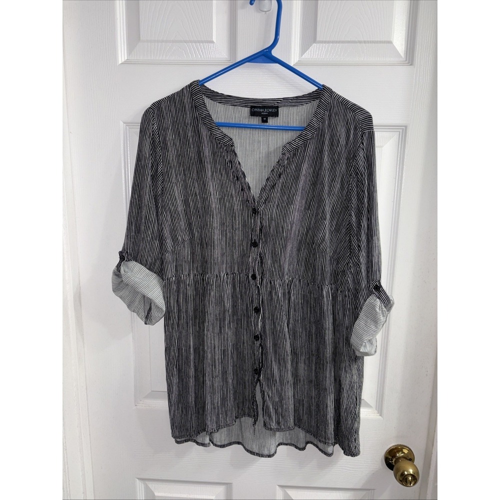 CYNTHIA ROWLEY Black & White STRIPE 3/4 Sleeve Hi-Low BUTTON Front BLOUSE Sz 1X
